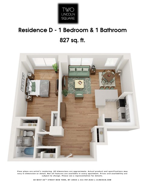Floor plan for 1 bed, 1 bath, 827 sqft